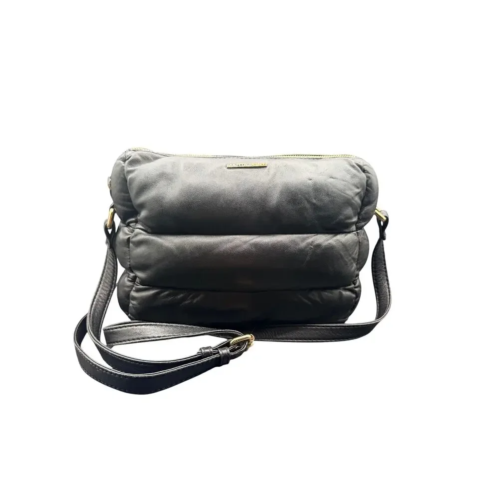 Marta Ponti Black Puffer Leather Crossbody Bag Quilted Soft Gold Zip